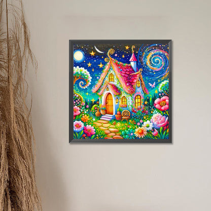 House And Flowers Under The Starry Sky - Full Round Drill Diamond Painting 55*55CM