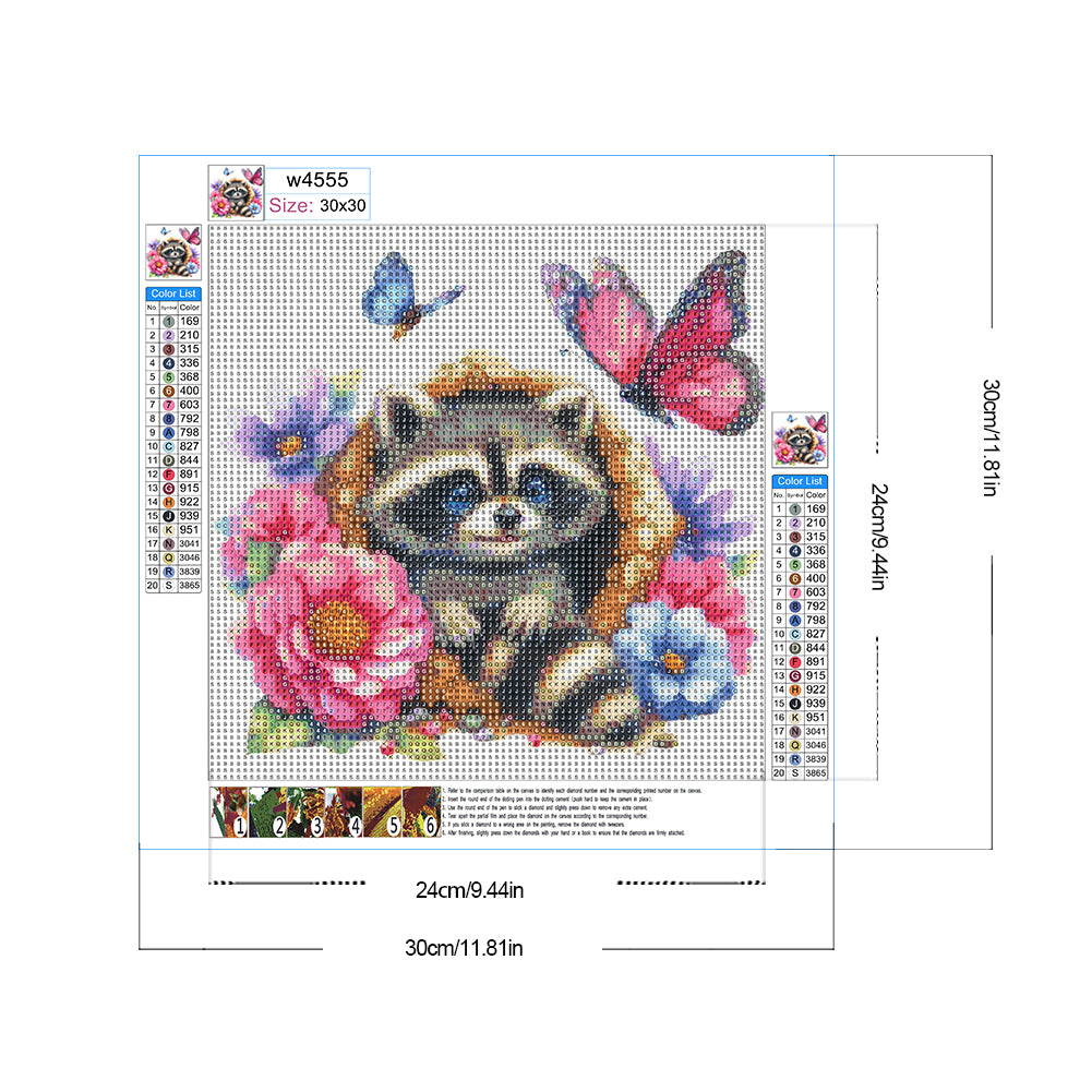 Raccoon And Flowers - Full Round Drill Diamond Painting 30*30CM