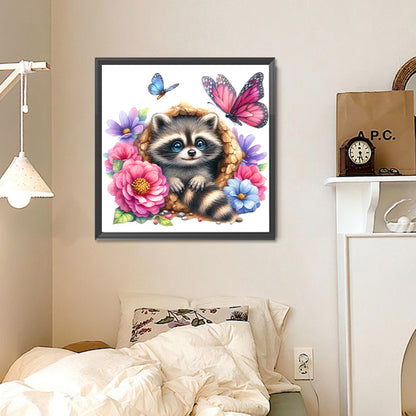 Raccoon And Flowers - Full Round Drill Diamond Painting 30*30CM