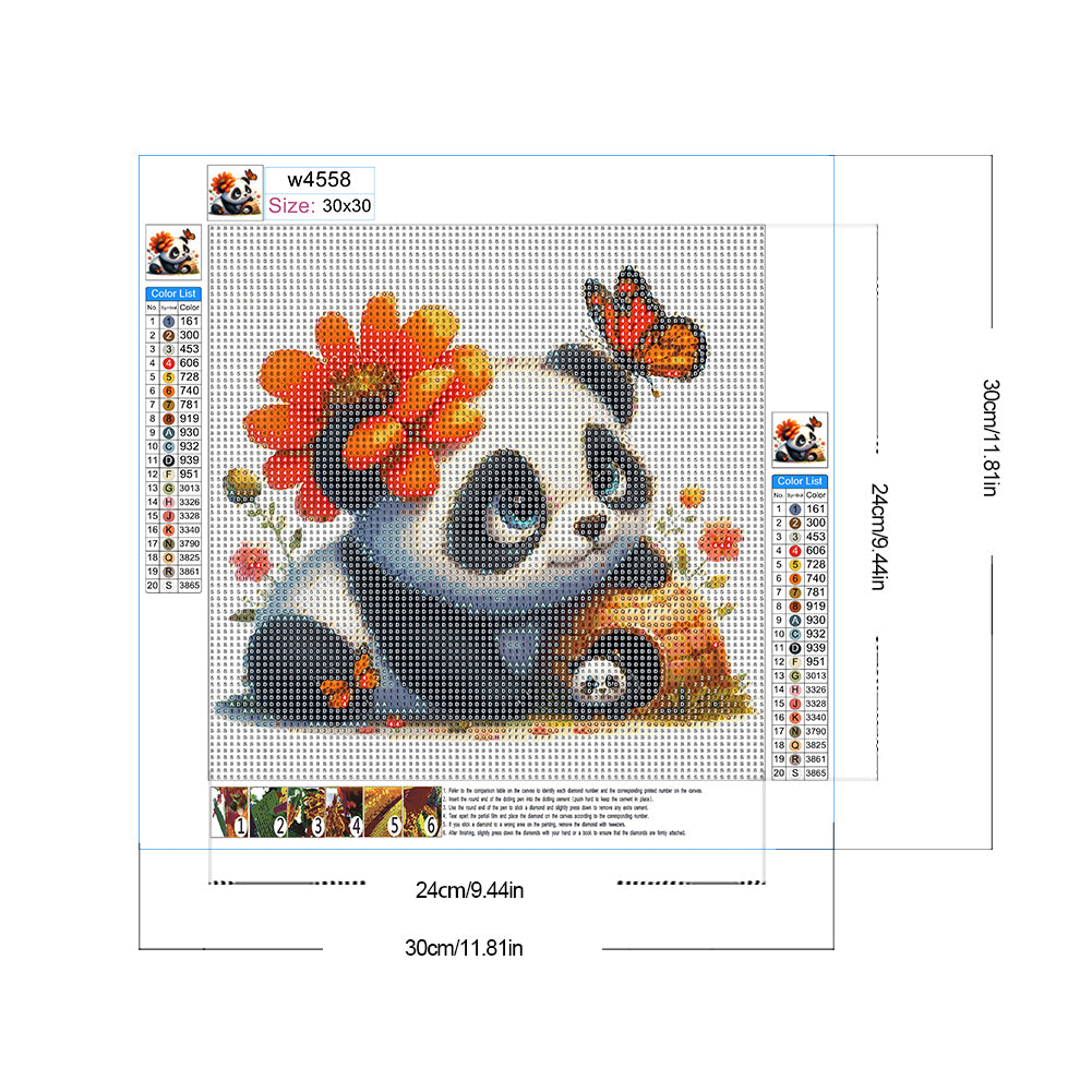 Panda And Flowers - Full Round Drill Diamond Painting 30*30CM