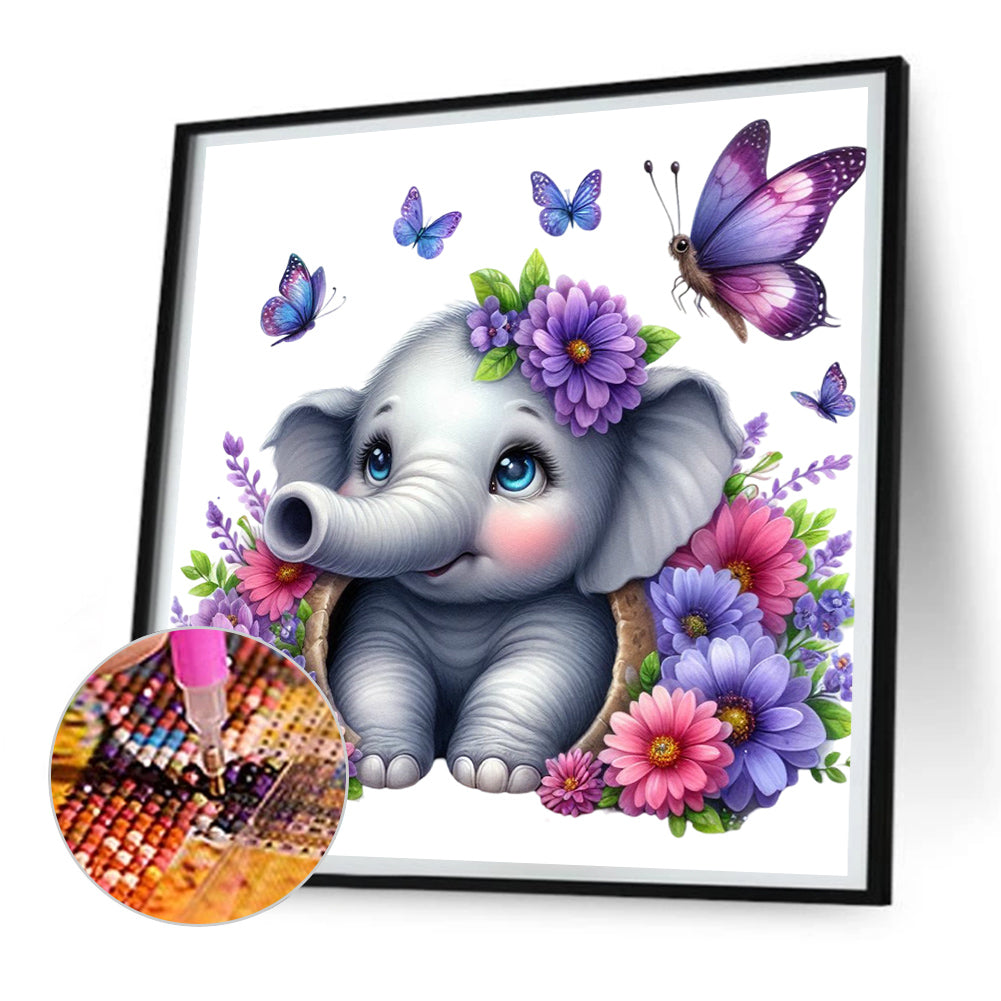 Elephant And Flowers - Full Round Drill Diamond Painting 30*30CM