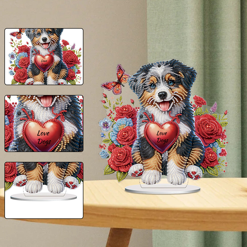 Acrylic Special Shape Dog And Red Rose Diamond Painting Tabletop Ornaments