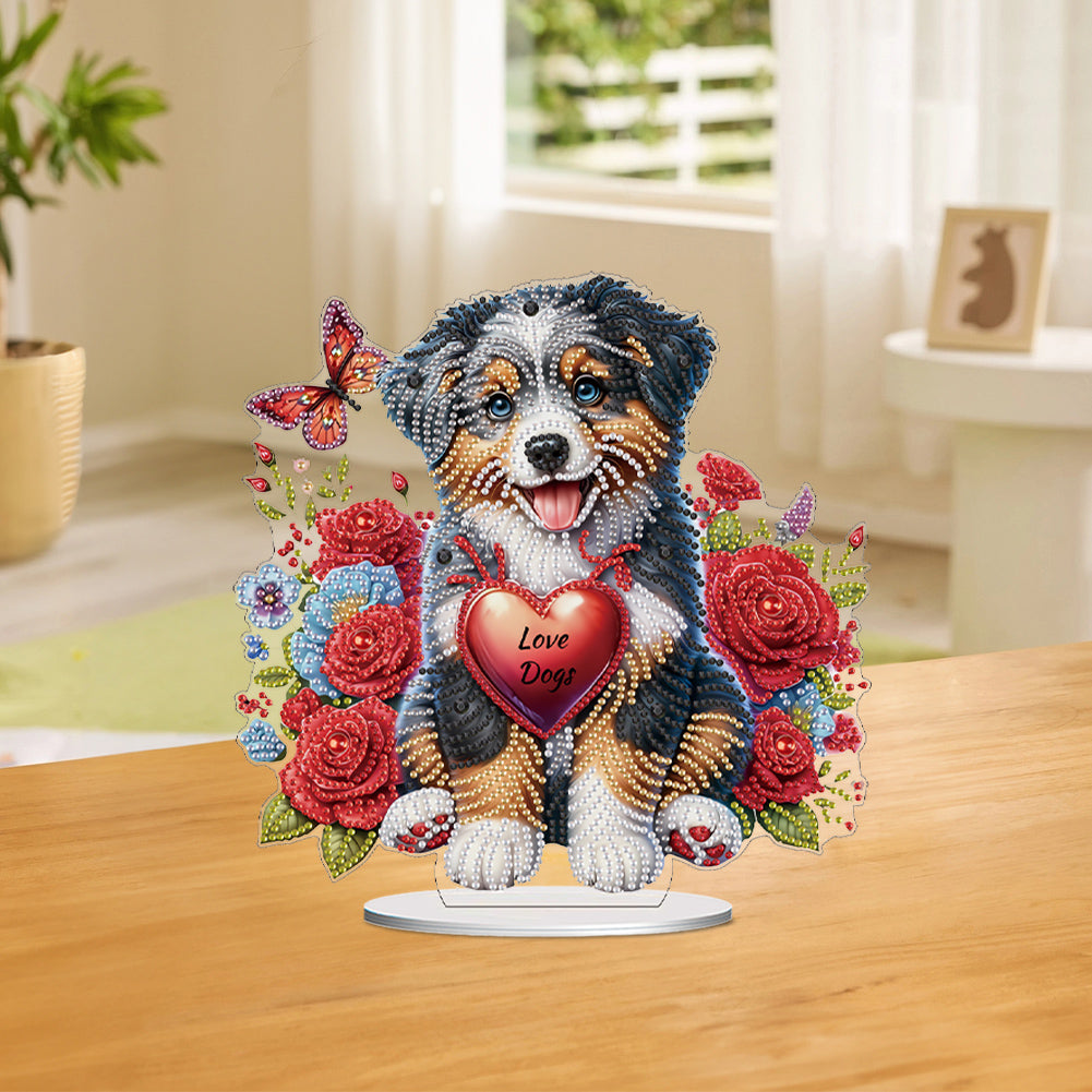 Acrylic Special Shape Dog And Red Rose Diamond Painting Tabletop Ornaments