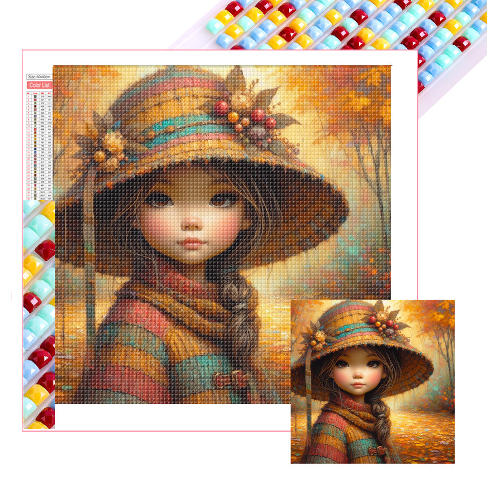 Little Girl With Falling Autumn Leaves - Full Square Drill Diamond Painting 40*40CM