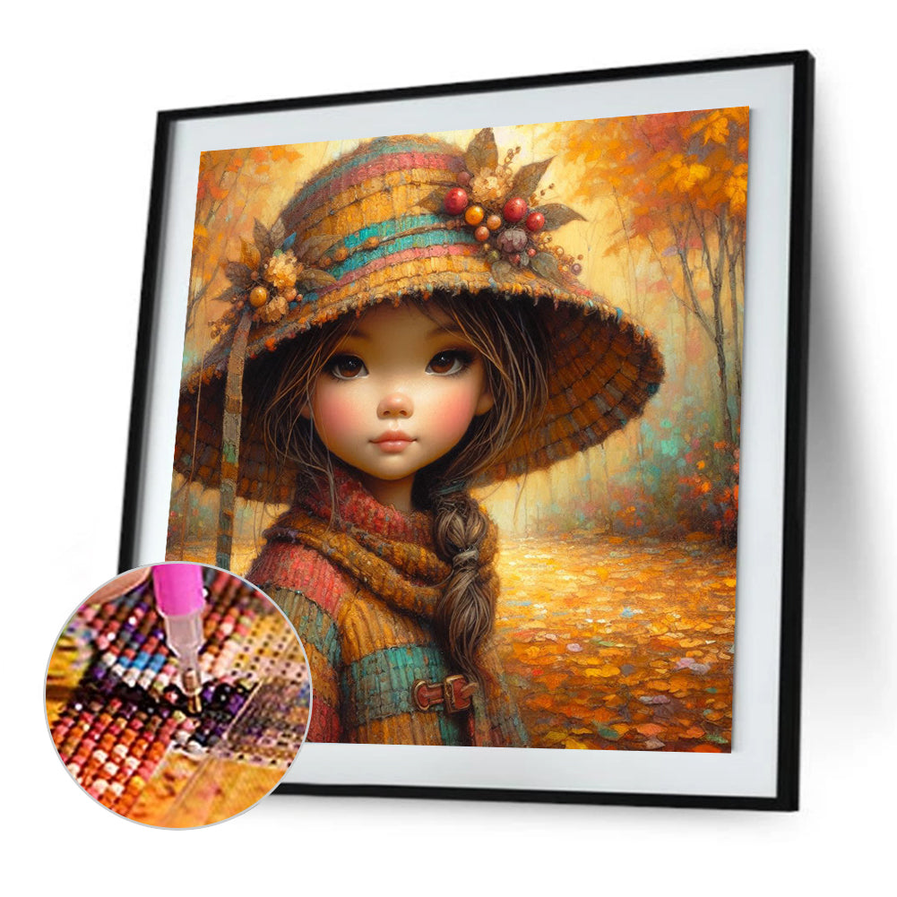 Little Girl With Falling Autumn Leaves - Full Square Drill Diamond Painting 40*40CM