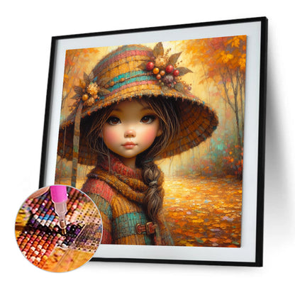 Little Girl With Falling Autumn Leaves - Full Square Drill Diamond Painting 40*40CM