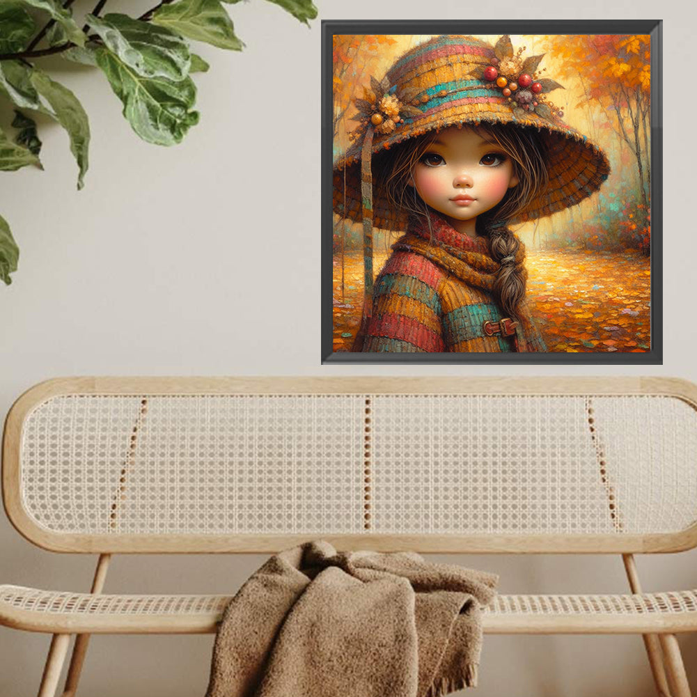 Little Girl With Falling Autumn Leaves - Full Square Drill Diamond Painting 40*40CM