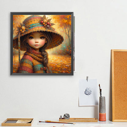 Little Girl With Falling Autumn Leaves - Full Square Drill Diamond Painting 40*40CM