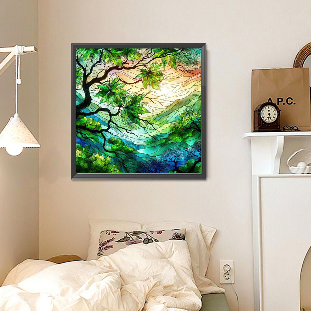 Glass Painting Green Maple Leaf - Full Round Drill Diamond Painting 30*30CM