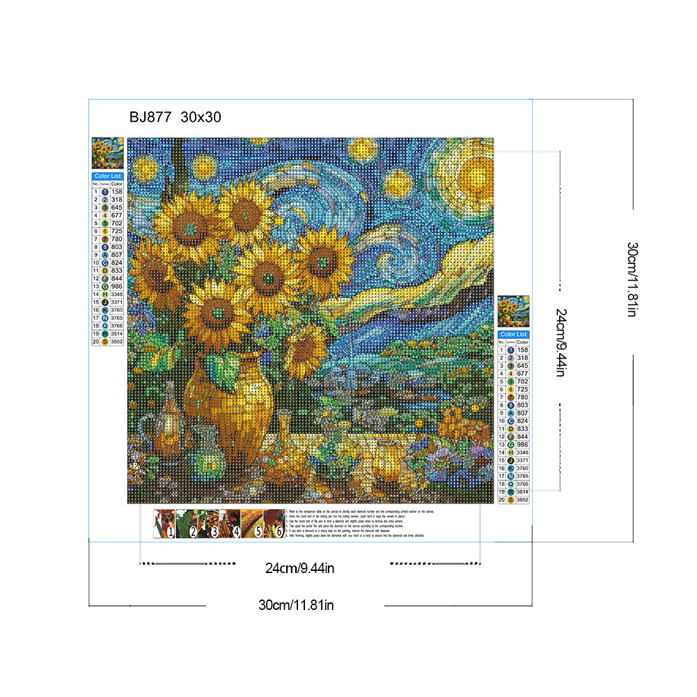 Glass Painting Sunflower Starry Night - Full Round Drill Diamond Painting 30*30CM