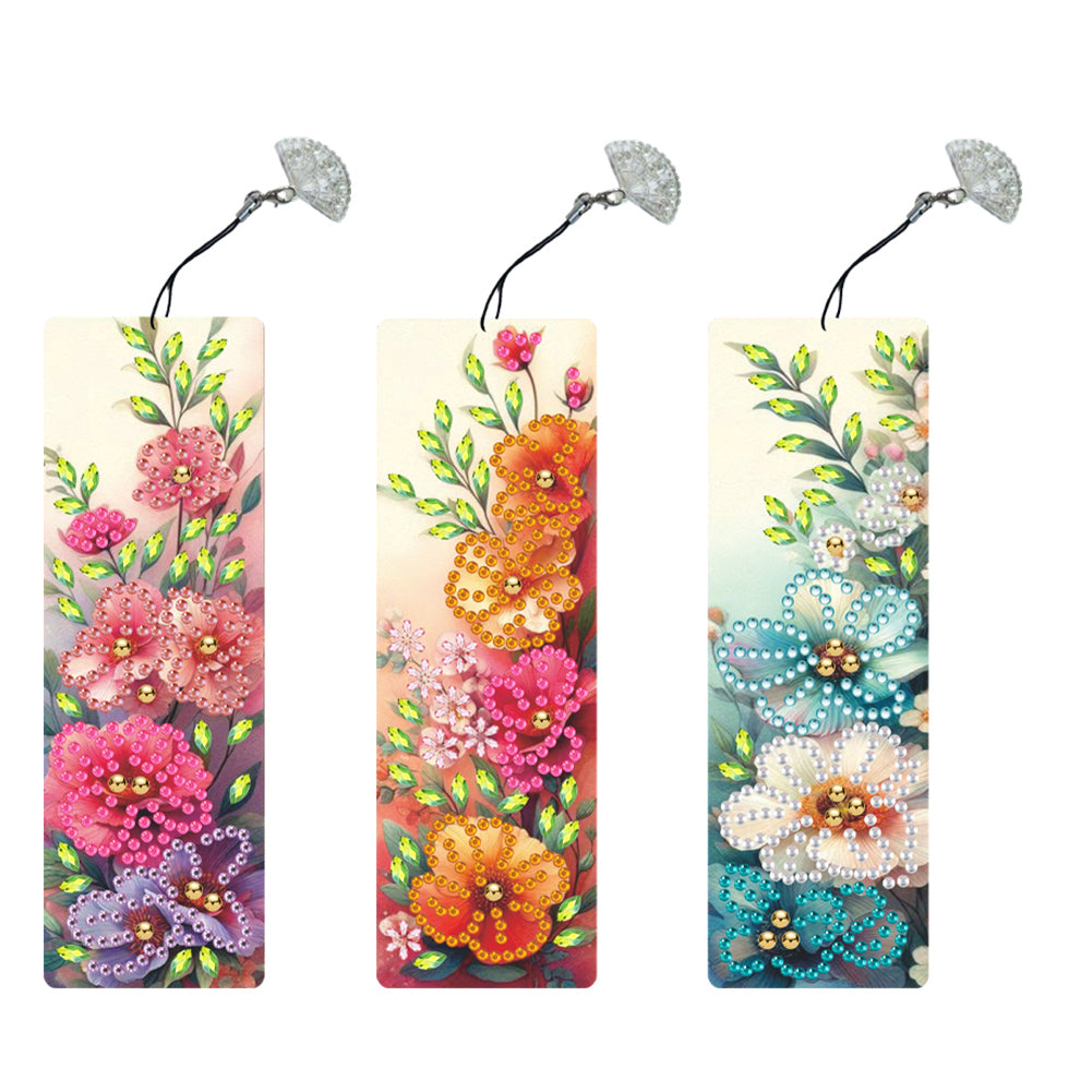 3Pcs Special Shape Flowers Diamond Painting Bookmark with Pendant for Book Lover