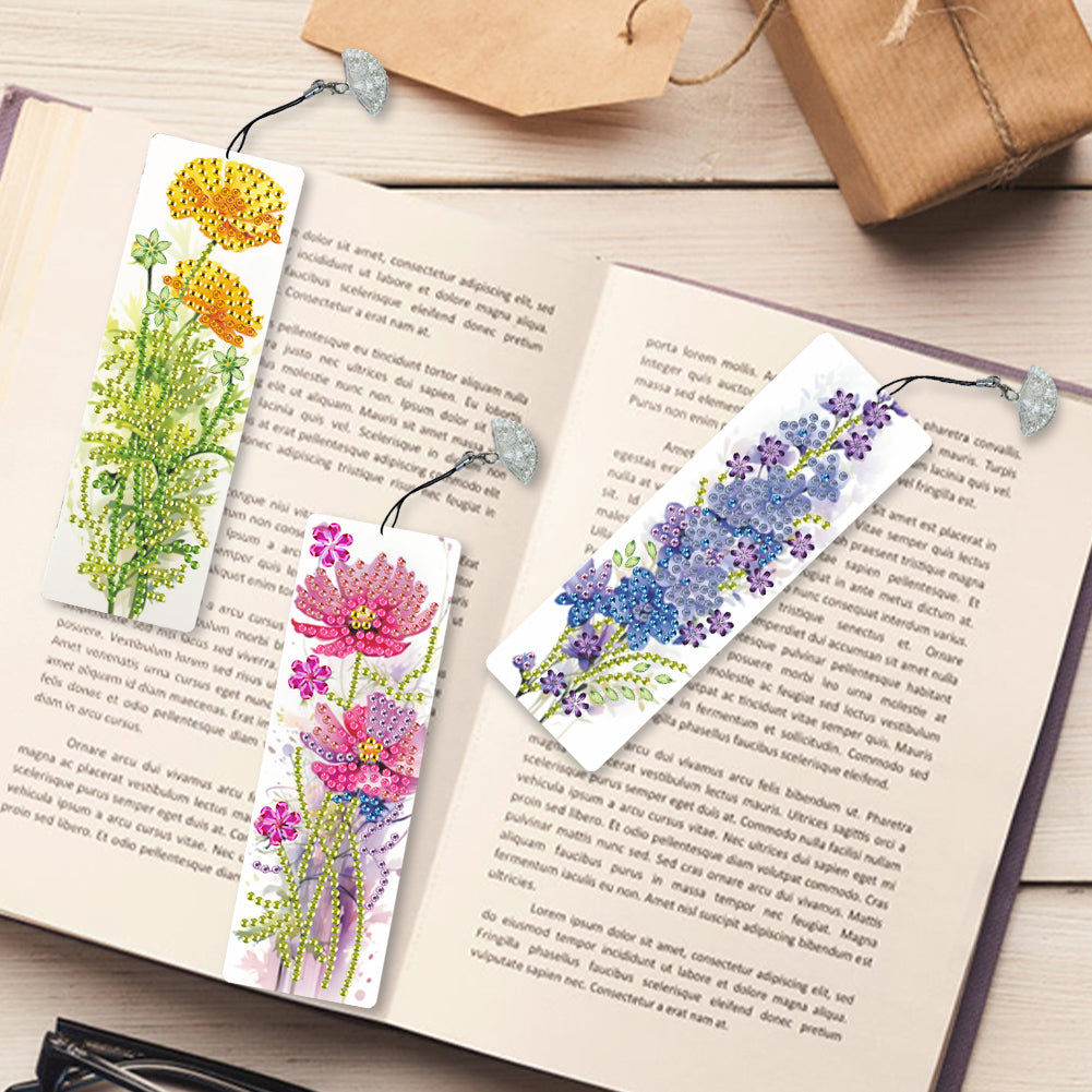 3Pcs Special Shape Flowers Diamond Painting Bookmark with Pendant for Book Lover