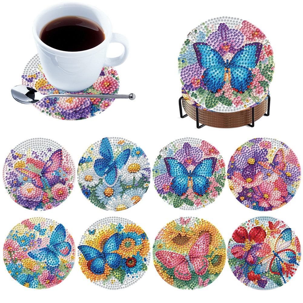 8Pcs Wooden Butterfly Flower 5D Diamond Painting Coasters for Adults Beginners