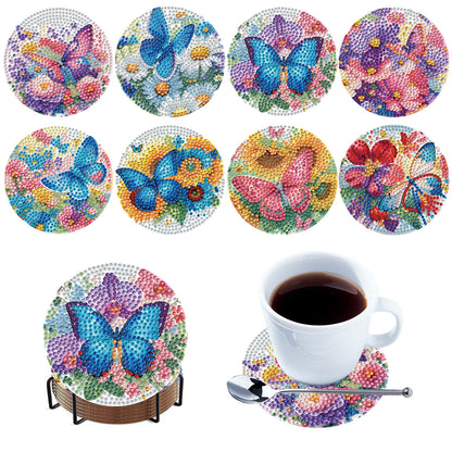 8Pcs Wooden Butterfly Flower 5D Diamond Painting Coasters for Adults Beginners