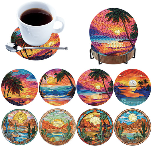 8Pcs Wooden Seaside And Desert Scenery 5D Diamond Painting Coasters for Adults