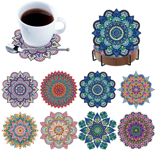 8Pcs Wooden Mandala 5D Diamond Painting Coasters Kit for Adults Beginners