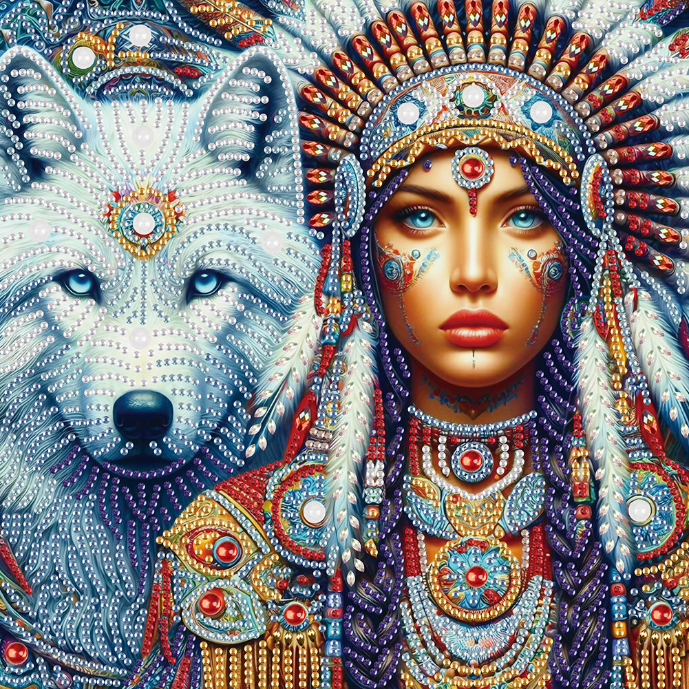 Indian Woman And White Wolf - Partial Special-Shaped Drill Diamond Painting 30*30CM