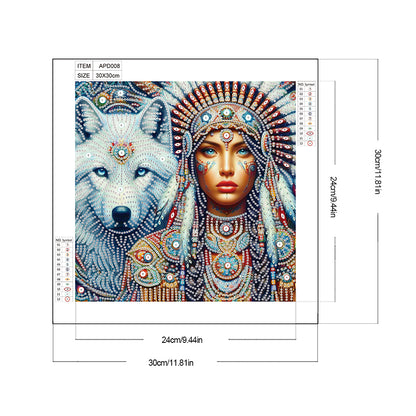 Indian Woman And White Wolf - Partial Special-Shaped Drill Diamond Painting 30*30CM