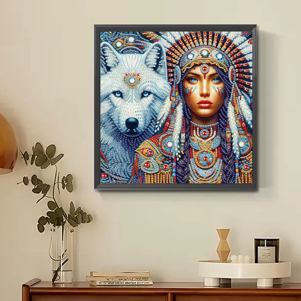 Indian Woman And White Wolf - Partial Special-Shaped Drill Diamond Painting 30*30CM