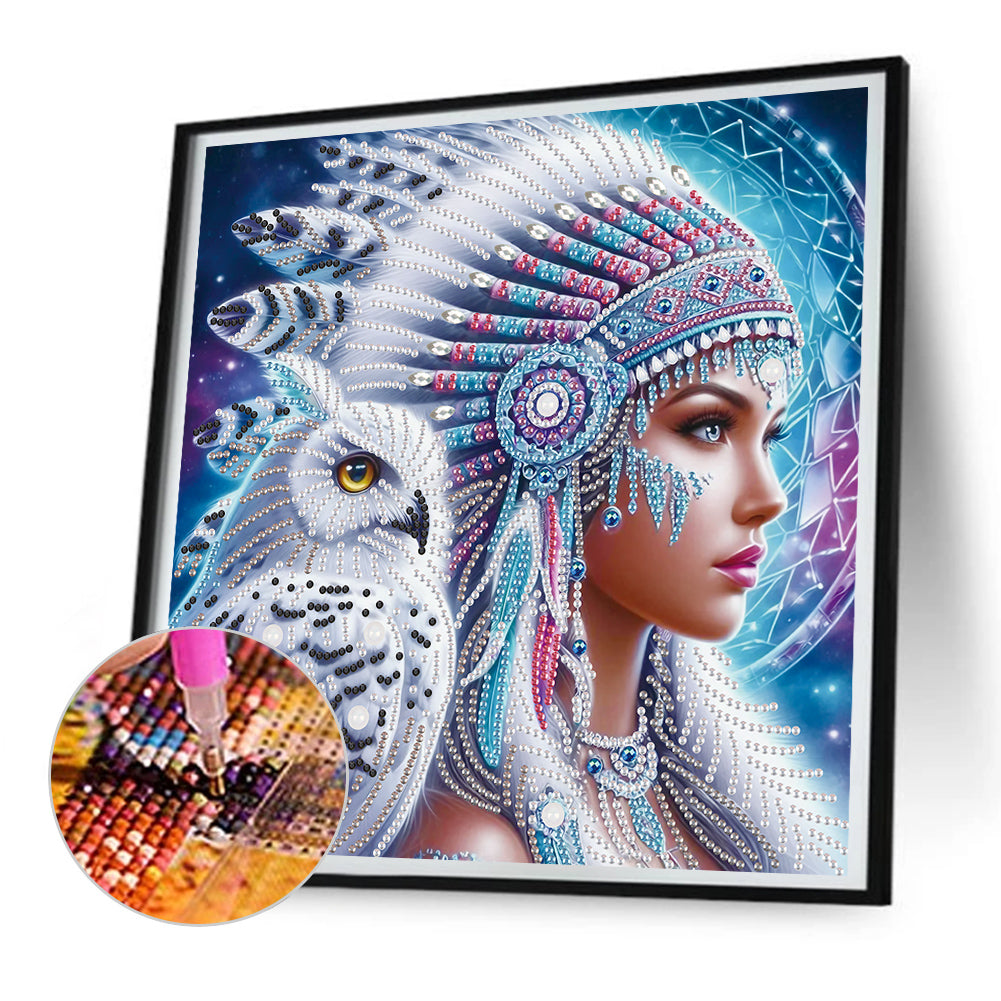 Indian Woman And White Owl - Partial Special-Shaped Drill Diamond Painting 30*30CM