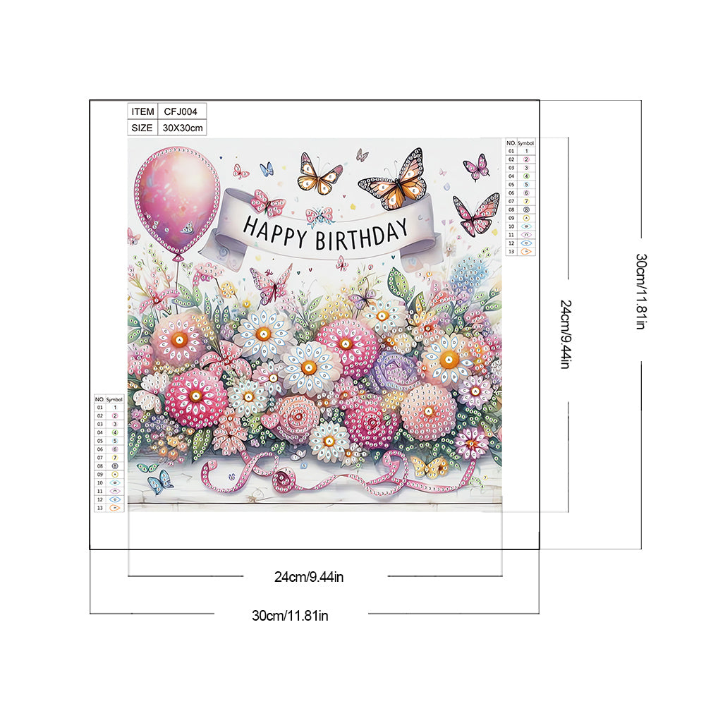 Happy Birthday Flowers And Butterflies - Partial Special-Shaped Drill Diamond Painting 30*30CM