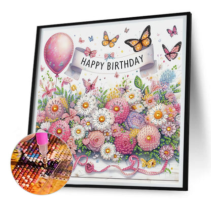Happy Birthday Flowers And Butterflies - Partial Special-Shaped Drill Diamond Painting 30*30CM
