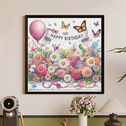 Happy Birthday Flowers And Butterflies - Partial Special-Shaped Drill Diamond Painting 30*30CM