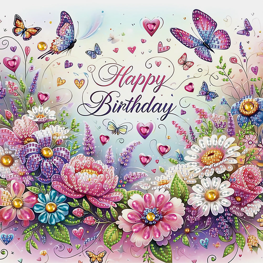 Happy Birthday Flowers And Butterflies - Partial Special-Shaped Drill Diamond Painting 30*30CM