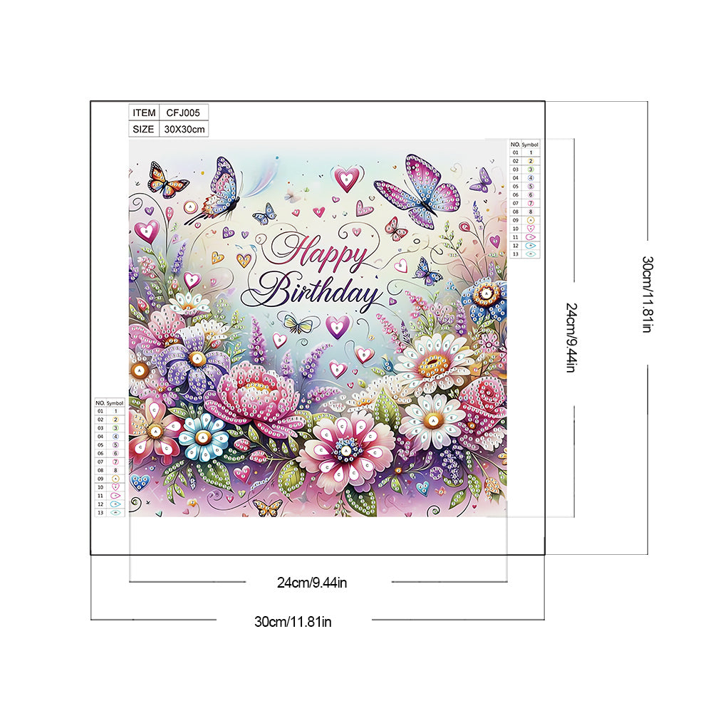 Happy Birthday Flowers And Butterflies - Partial Special-Shaped Drill Diamond Painting 30*30CM