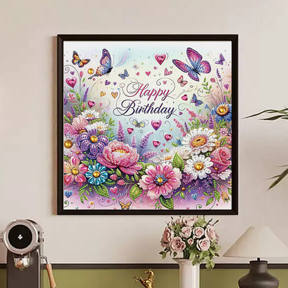 Happy Birthday Flowers And Butterflies - Partial Special-Shaped Drill Diamond Painting 30*30CM