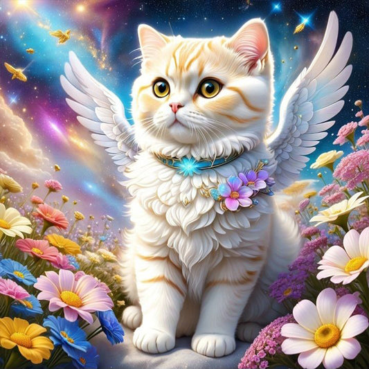 Aurora Flower Angel White Cat - Full Round Drill Diamond Painting 40*40CM