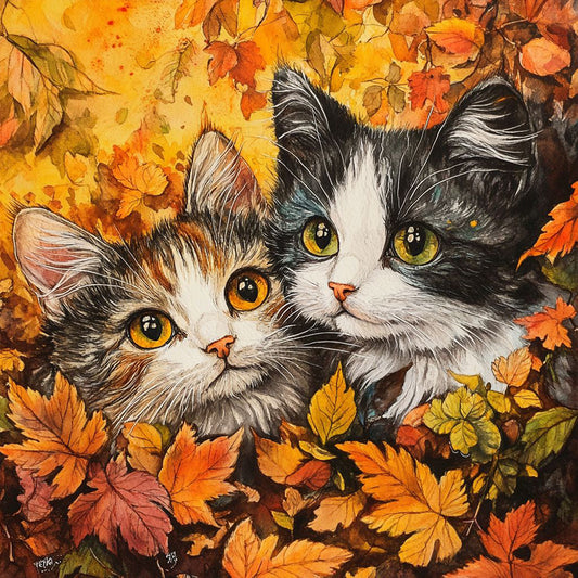 Maple Leaf Pile Of Cats - Full Round Drill Diamond Painting 40*40CM