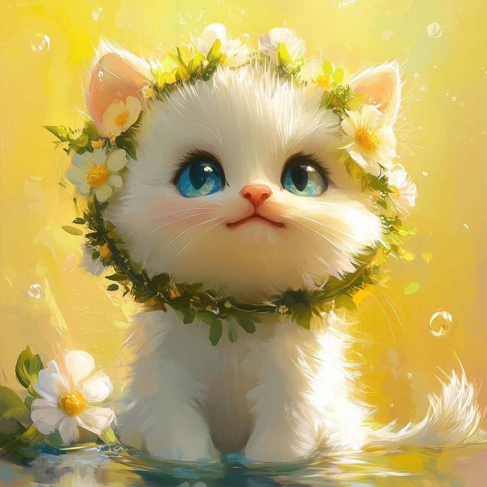 White Cat With Wreath - Full Round Drill Diamond Painting 40*40CM