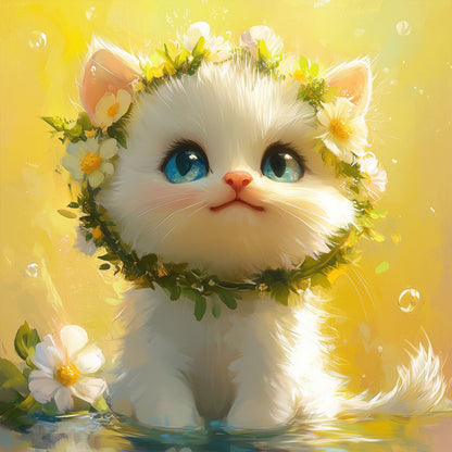 White Cat With Wreath - Full Round Drill Diamond Painting 40*40CM