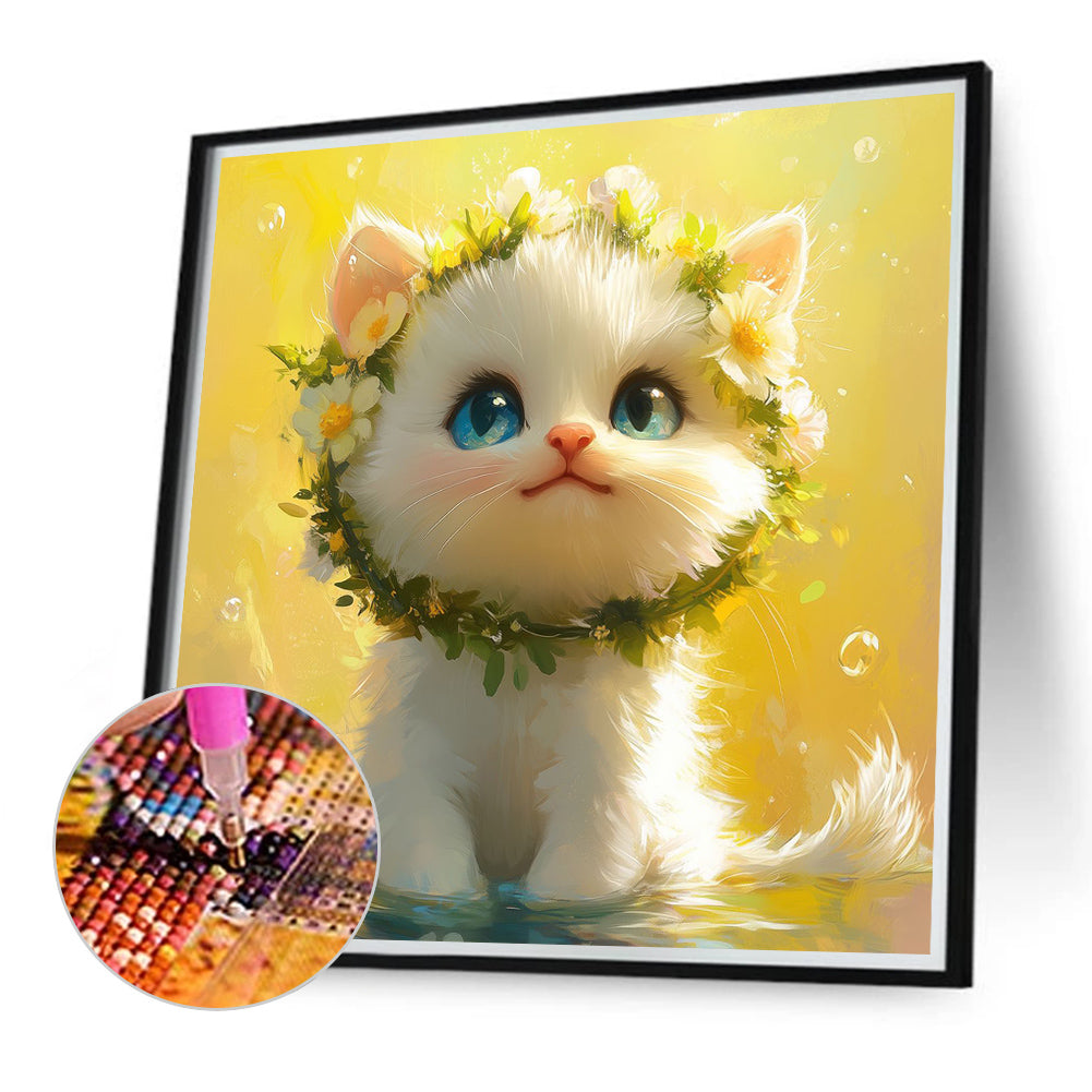 White Cat With Wreath - Full Round Drill Diamond Painting 40*40CM