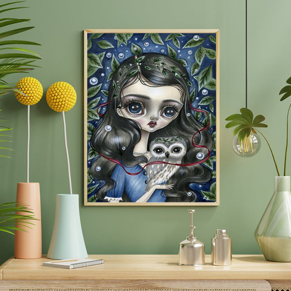 Owl Big Eyes Girl - Full Round Drill Diamond Painting 40*50CM