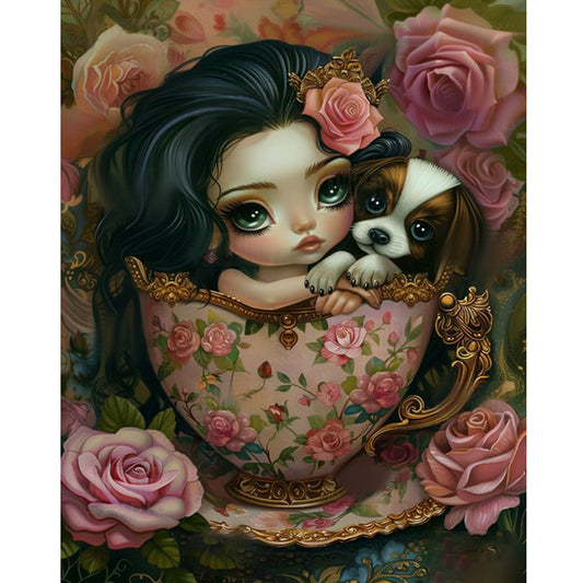 Porcelain Cup Dog And Girl - Full Round Drill Diamond Painting 40*50CM