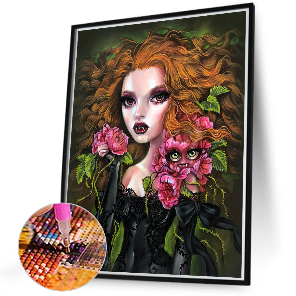 Floral Curly Hair Girl - Full Round Drill Diamond Painting 40*50CM