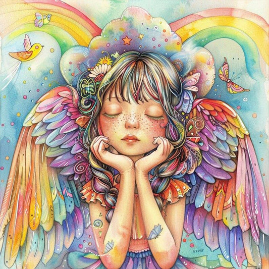 Colorful Feather Rainbow Angel Girl - Full Round Drill Diamond Painting 30*30CM