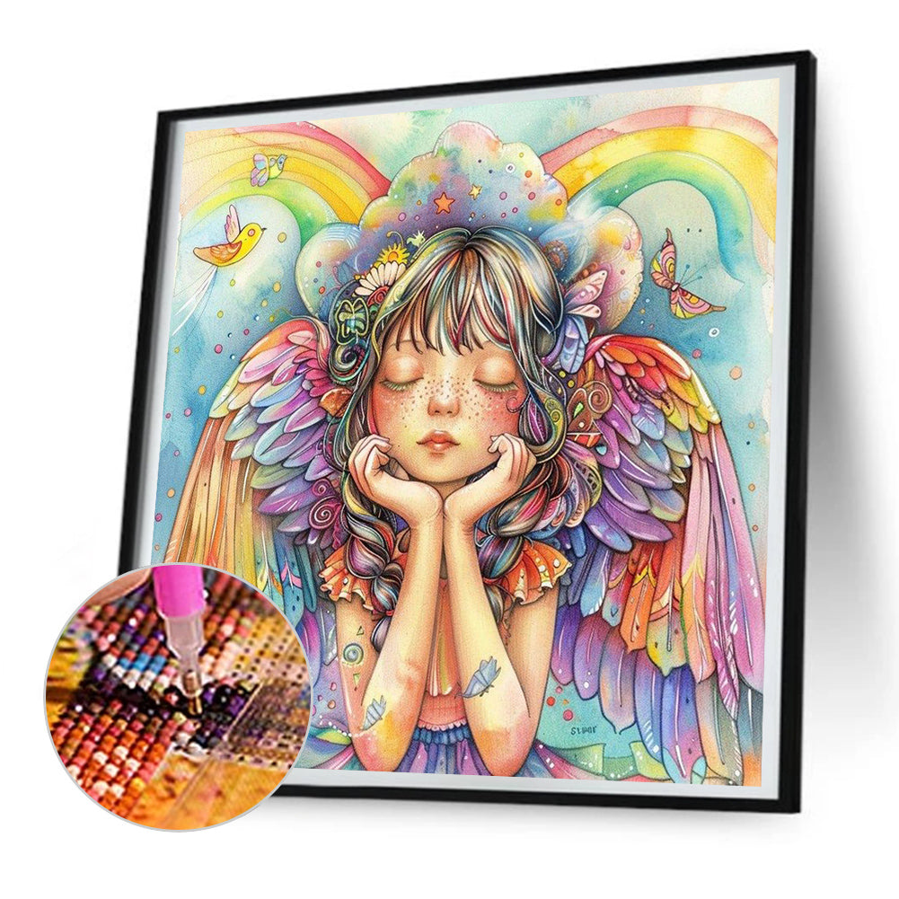 Colorful Feather Rainbow Angel Girl - Full Round Drill Diamond Painting 30*30CM