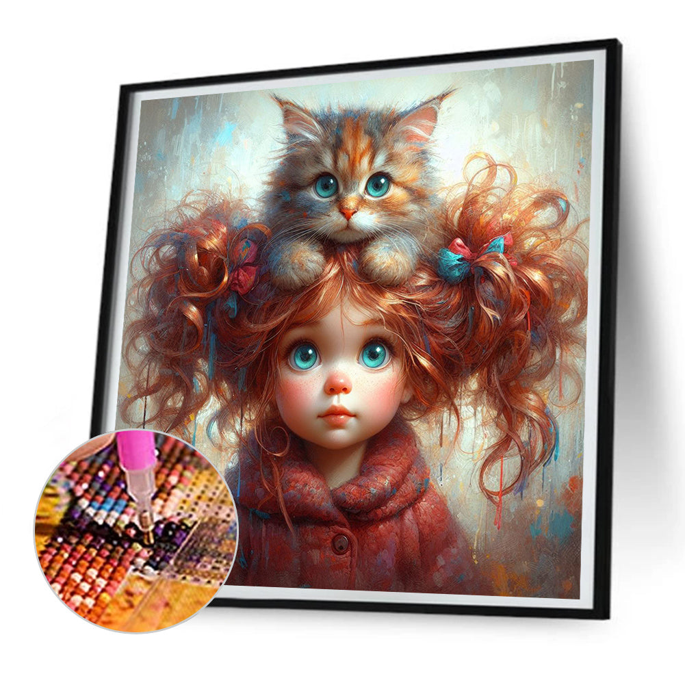 Kitten Curly Girl - Full Round Drill Diamond Painting 30*30CM