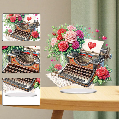 Acrylic Special Shape Typewriter And Roses Diamond Painting Desktop Ornaments