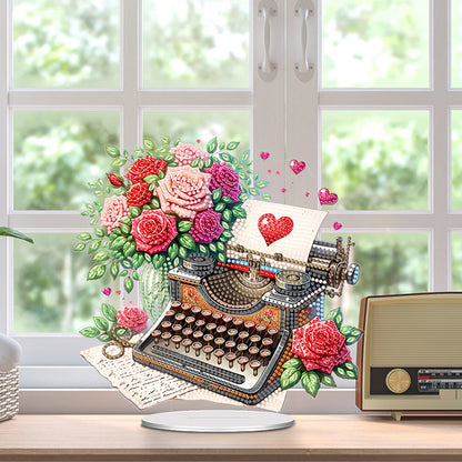 Acrylic Special Shape Typewriter And Roses Diamond Painting Desktop Ornaments