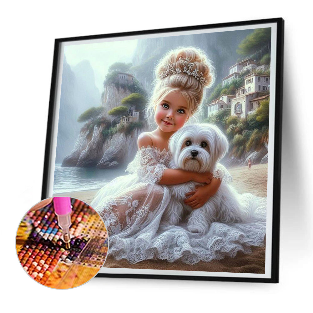 Girl In Gauze Skirt And Dog - Full Round Drill Diamond Painting 30*30CM