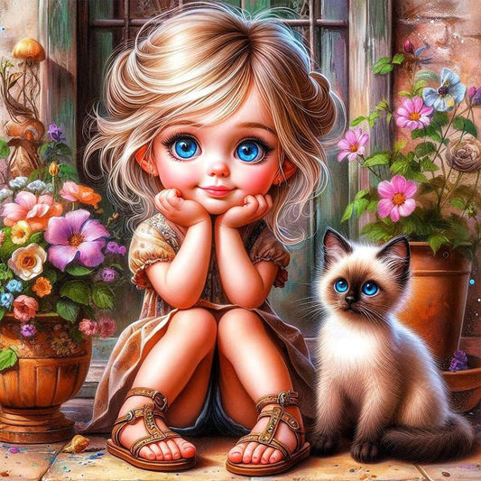 Door Girl And Kitten Girl - Full Round Drill Diamond Painting 30*30CM