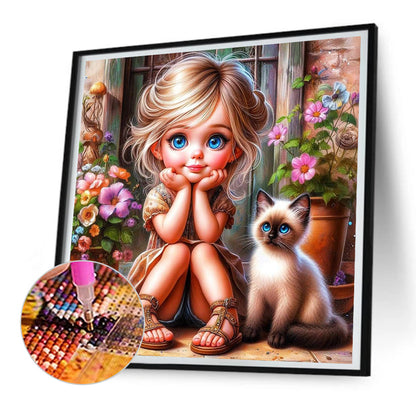Door Girl And Kitten Girl - Full Round Drill Diamond Painting 30*30CM