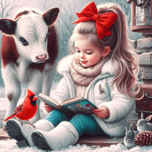 Cow Red Cardinal Reading Girl - Full Round Drill Diamond Painting 30*30CM