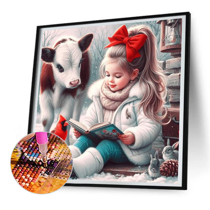 Cow Red Cardinal Reading Girl - Full Round Drill Diamond Painting 30*30CM