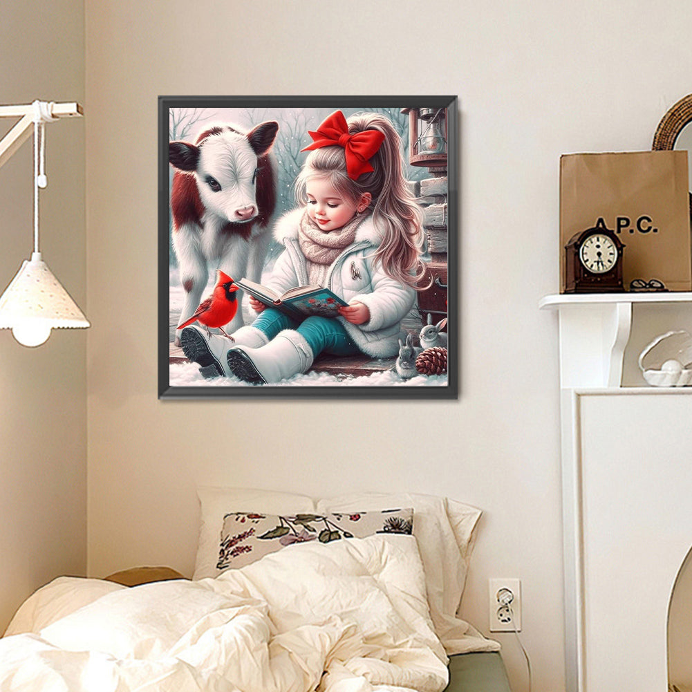 Cow Red Cardinal Reading Girl - Full Round Drill Diamond Painting 30*30CM