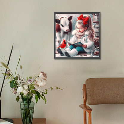 Cow Red Cardinal Reading Girl - Full Round Drill Diamond Painting 30*30CM